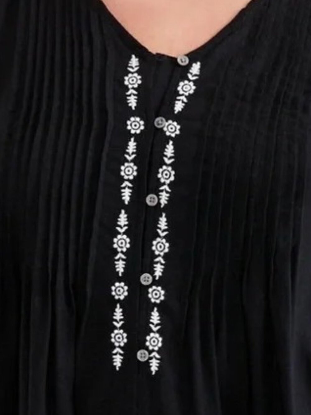 Style & Co Pintuck Black Blouse White Embroidered Accents Bell Sleeves NWT - Picture 2 of 10